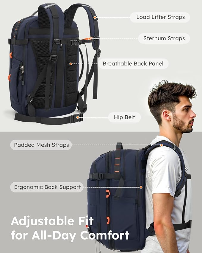 Tolaccea Carry on Travel Backpack, TSA Friendly Flight Approved Laptop Backpack Duffle Bag for Men Women with Dual Laptop Storage for 17.3", Expandable Business Rucksack 40L-50L Large - Blue