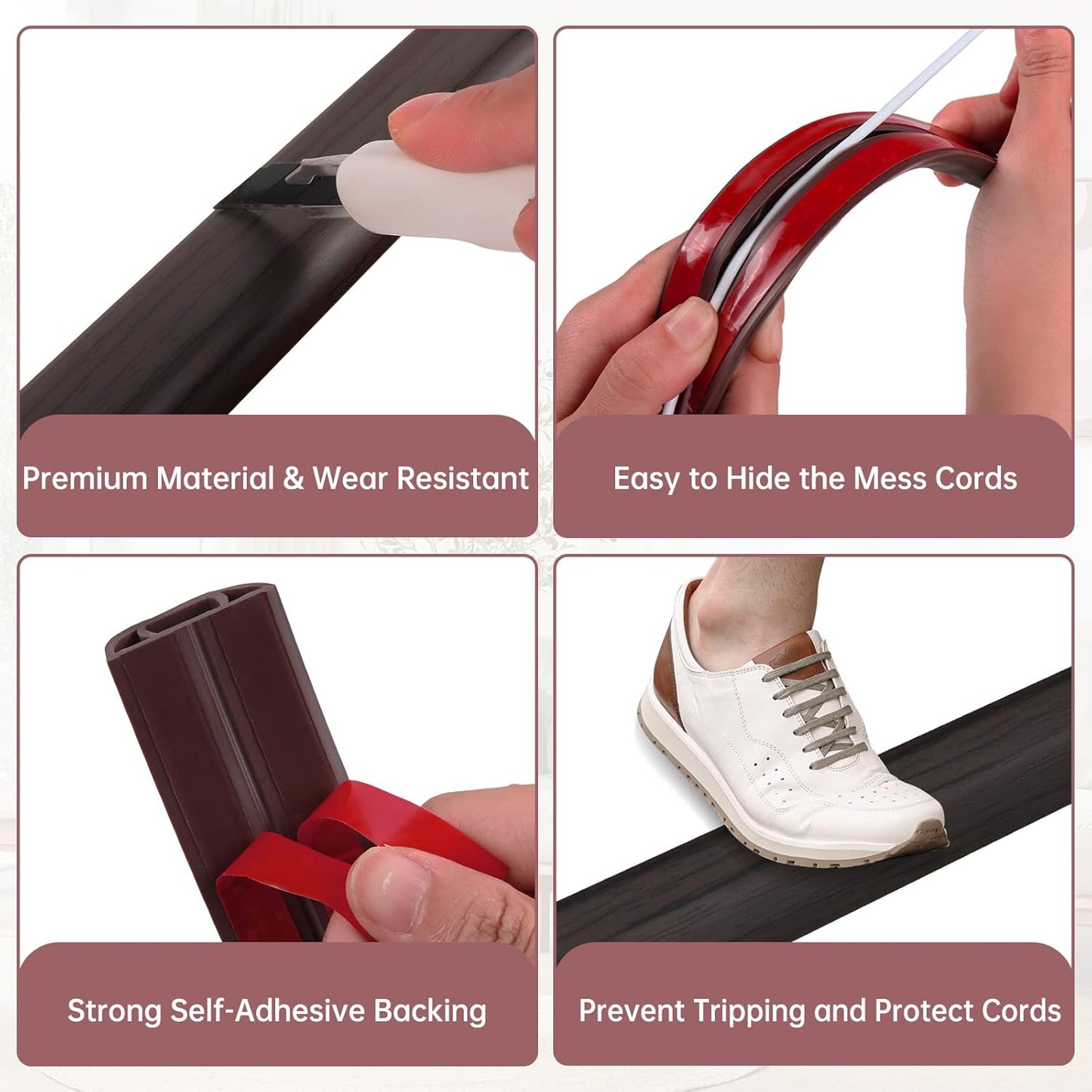 Floor Cord Cover Self Adhesive Cord Hider Floor Extension Cord Covers for Floor Power Cord Protector Cable Management Prevent Cable Trips Cable Cavity 0.47" W x 0.27" H (Dark Walnut, 3.3Ft)