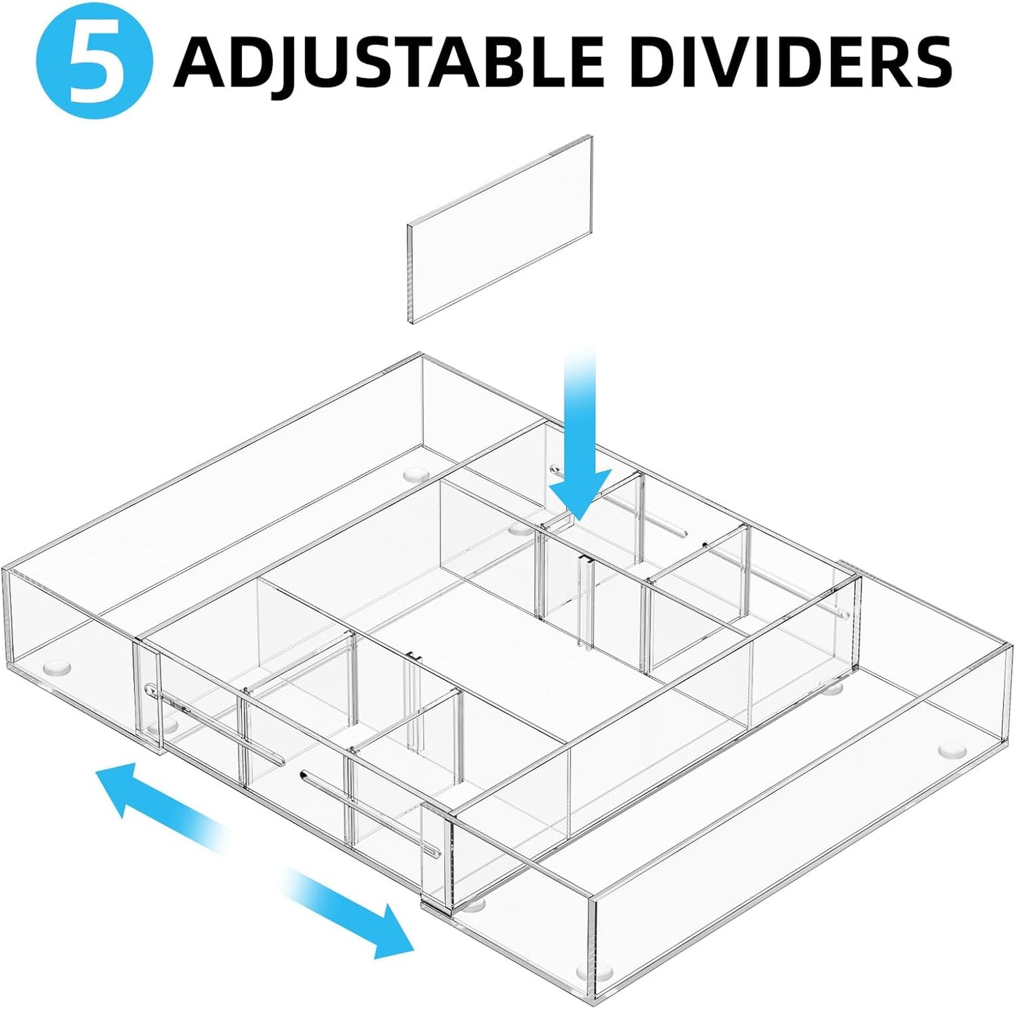 Marbrasse Acrylic Expandable Drawer Organizer, Clear Desk Drawer Organizer Tray with 5 Dividers, Desk Organizers and Accessories, 10 Adjustable Compartments for Office Supplies, Makeup & Vanity