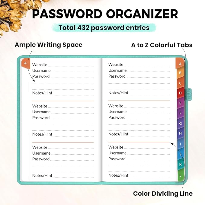 SUNEE Password Keeper Book with Colorful Alphabetical Tabs, Small Pocket Password Book for Internet Website Address Login, Gifts for Home and Office, 4''x 6''- Aquamarine