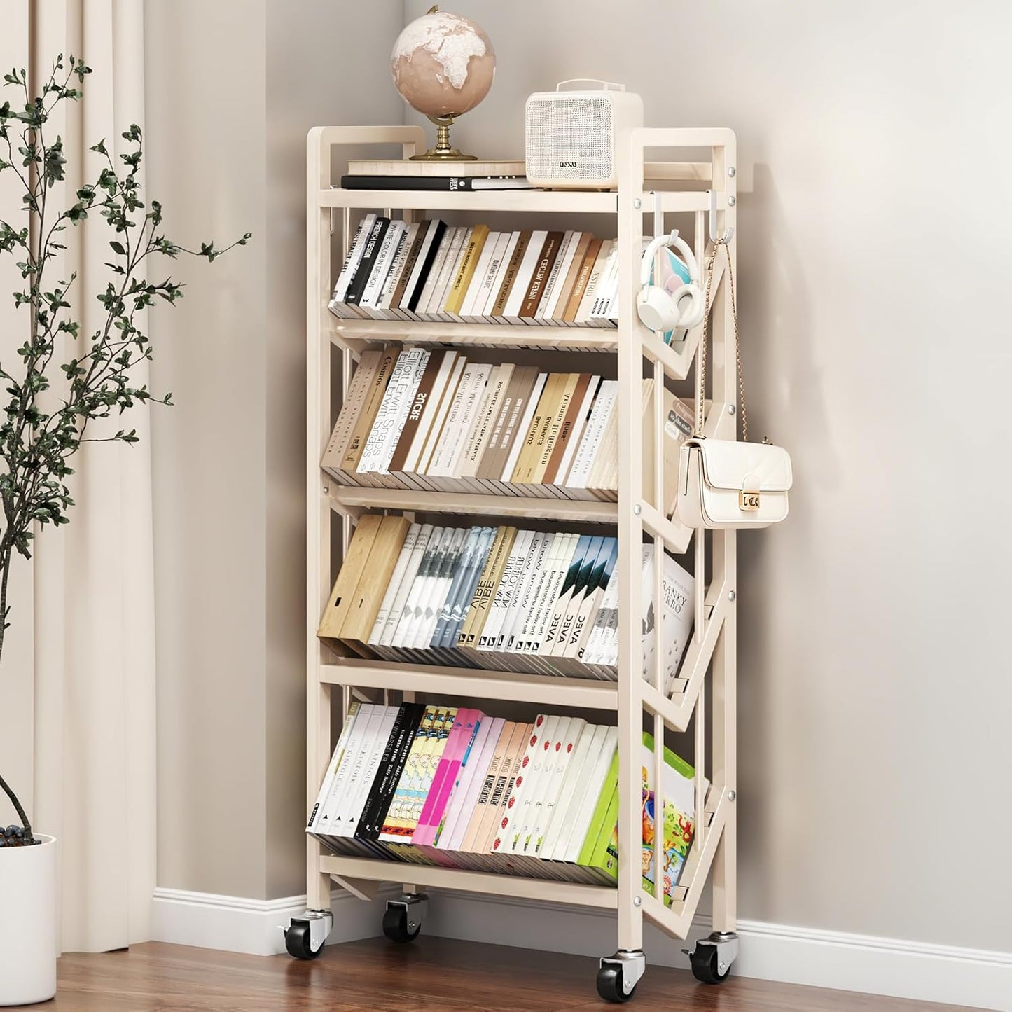 Bookshelf Movable Book Cart Multi-Layer Storage Rack Large-Capacity Rolling Cart L-Shaped Carbon Steel Shelf Suitable for Storing Books, Magazines, Newspapers, Shoes