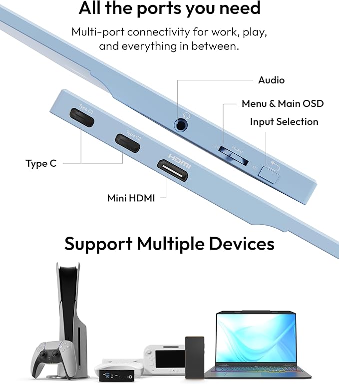 Pixio PX160 Wave Blue Portable Monitor 15.6 inch 60Hz FHD 1080p IPS Panel HDR Screen Cover Stand USB-C HDMI Laptop Screen Extender Portable Monitor for Laptop, PC, Console, Phone