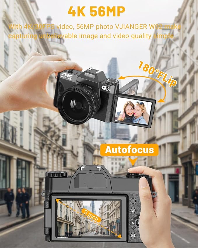 2024 Upgrade VJIANGER Digital Camera for Photography Vlogging Camera for YouTube with WiFi, 180° Flip Screen, 16X Digital Zoom, 52mm Lens, 2 Batteries, 32GB Micro SD Card(Black)