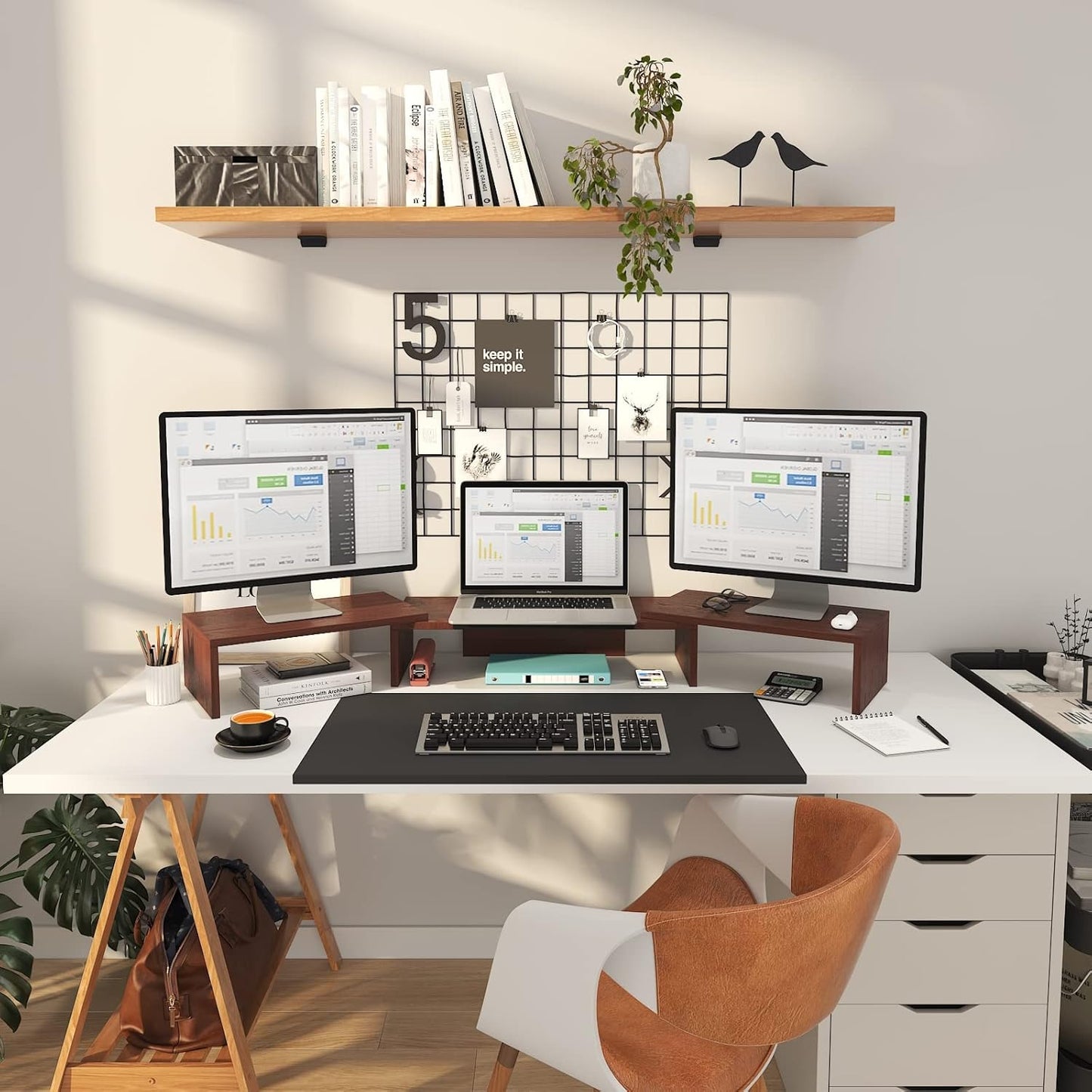 WESTREE Triple Monitor Stand Riser - Extra Long, Adjustable Length & Angle, 3 Shelf Desktop Storage for 1-3 Monitors