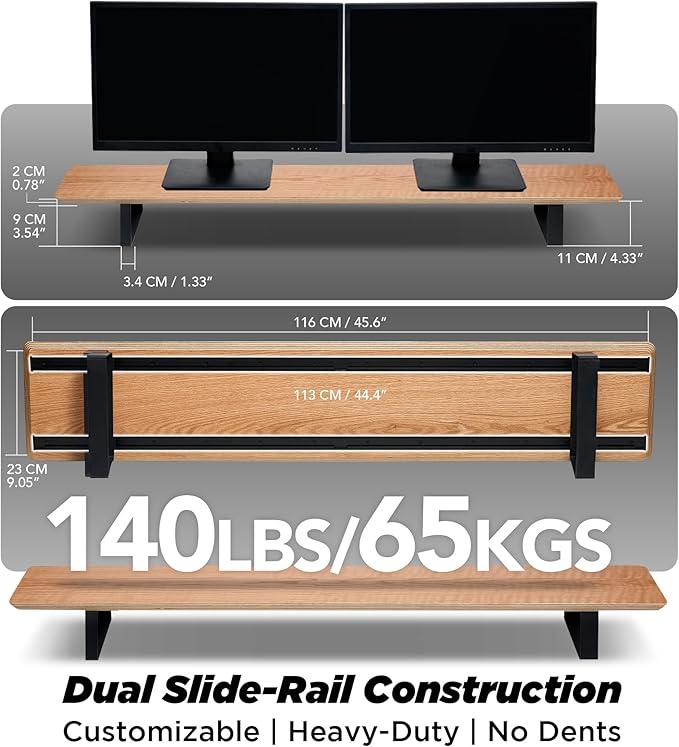 Moodular Wooden Monitor Stand 45.6” (116cm) Large Desk Organizer with Metal Slide Rails for Drawer, Tray, Laptop, Tablet, Phone & Headphones Customizable Riser for Organized Workspace Oak