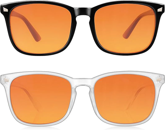 2 Packs Professional Sleep Glasses with 98.7% Blue Light Blocking Dual AR Coatings Amber Lens, Computer Gaming Glasses for Men Women, Anti Fatigue & Eye Strain