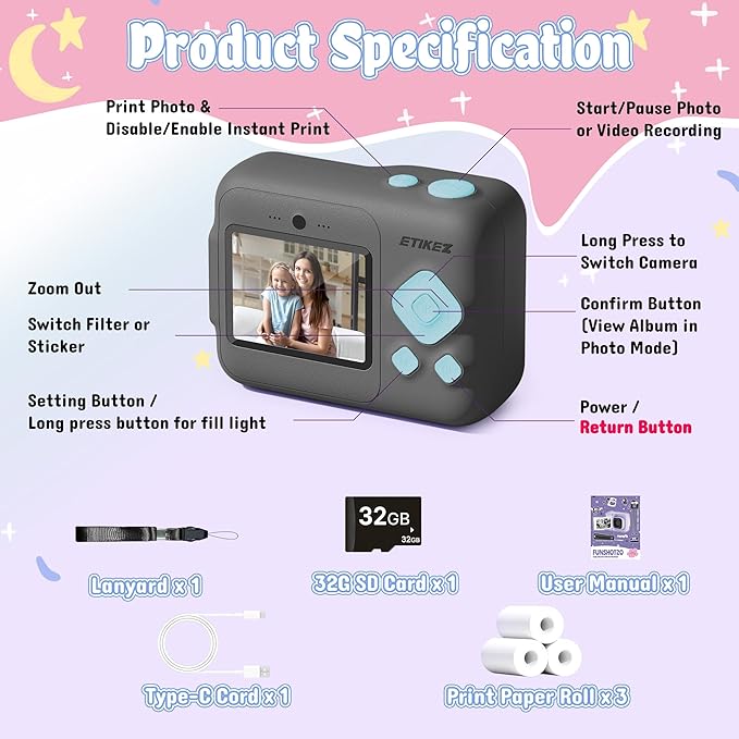 Kids Camera, 1080P Instant Digital Print Camera for Kids, Christmas Birthday Gifts for 4 5 6 7 8 9 10 Year Old Girls Boys, Portable Toy with 32GB SD Card & 3 Rolls Printing Paper, Black