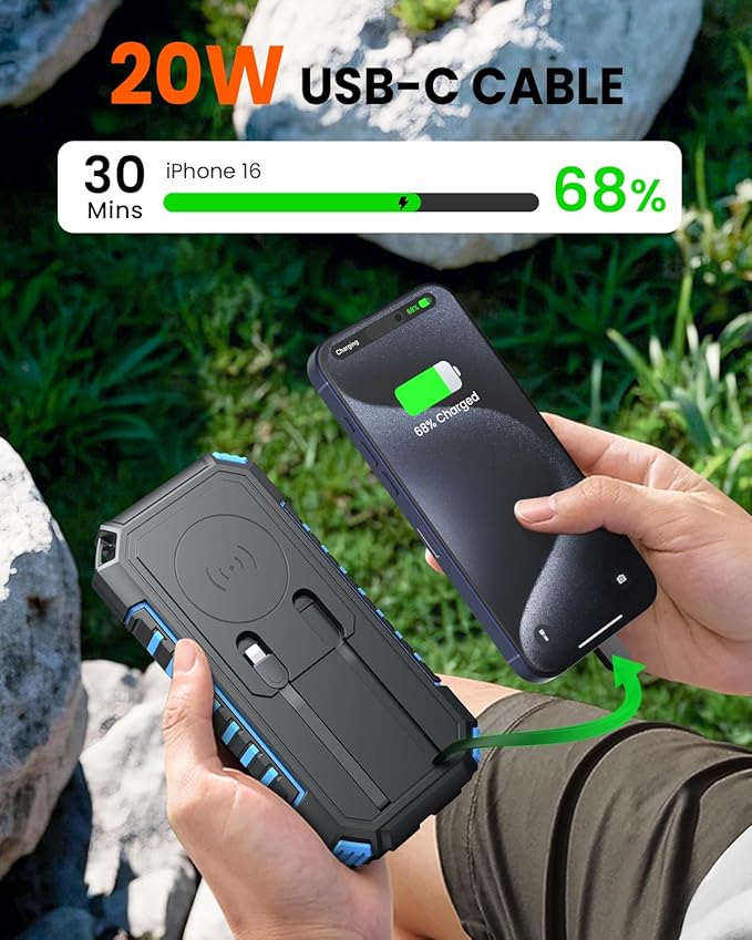 Riapow Solar Charger Power Bank - 27000mAh/99000mWh Wireless Portable Charger Built in 2 Cables - 22.5W Fast Charging Battery Bank with USB C in/Output, PD QC 3.0 Battery Pack Flashlight Outdoor