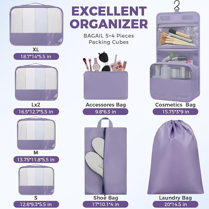 BAGAIL 9 Set Packing Cubes Luggage Packing Organizers for Travel Accessories