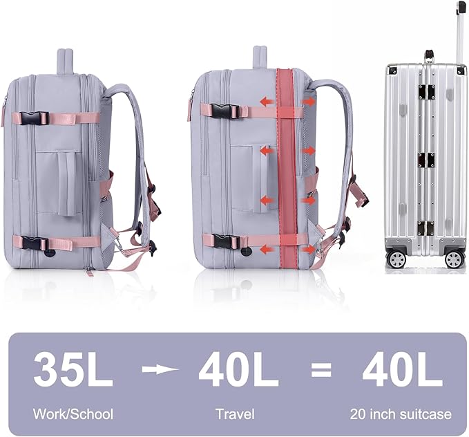 Hanples Large Travel Backpack for Women as Person Item Flight Approved, Waterproof 40L Carry On Backpack, 17 Inch Laptop Backpack for Business Bag with 2 Toiletry Bags (Gray Purple)