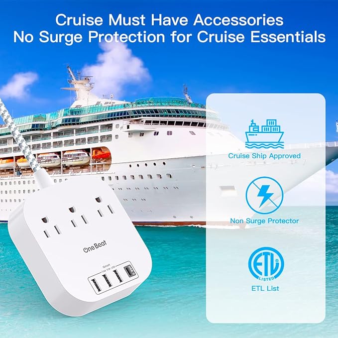 Power Strip - 10ft Long Extension Cord with USB C Ports, 3 Outlets 4 USB Desktop Charging Station, Flat Plug Power Strip Non Surge Protector for Cruise Ship, Travel Essetials, ETL Listed