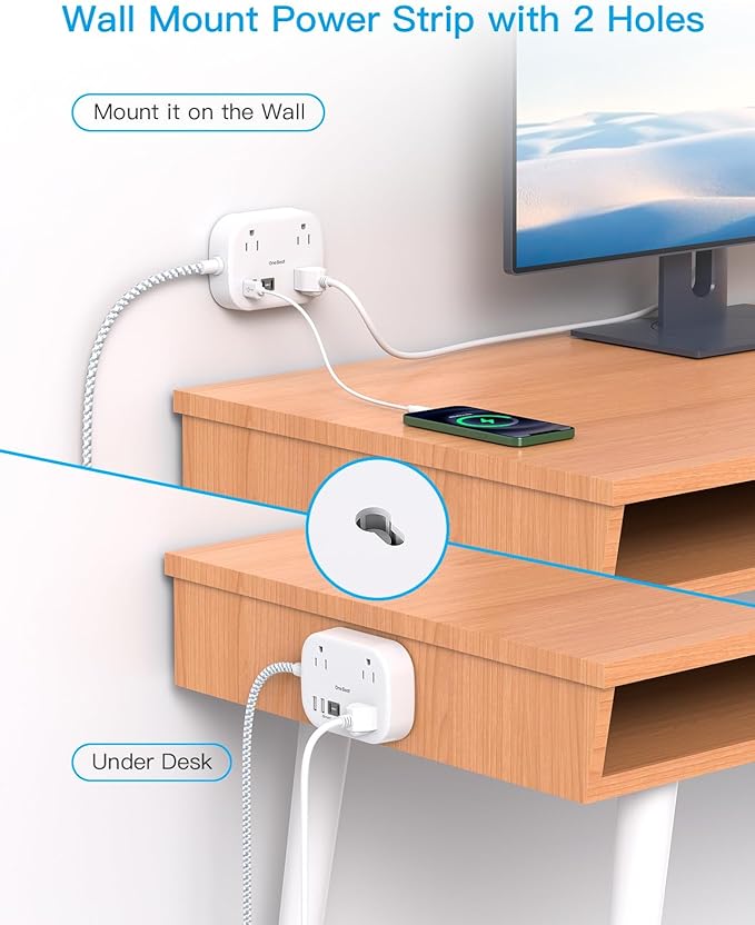 One Beat Cruise Ship Essentials,Travel Power Strip with USB C,Flat Plug Extension Cord with 3 Outlets 4 USB Ports(2 USB C),3 ft Desk Wall Outlet Extender,Non Surge Protector for Cruise,Dorm Room,ETL