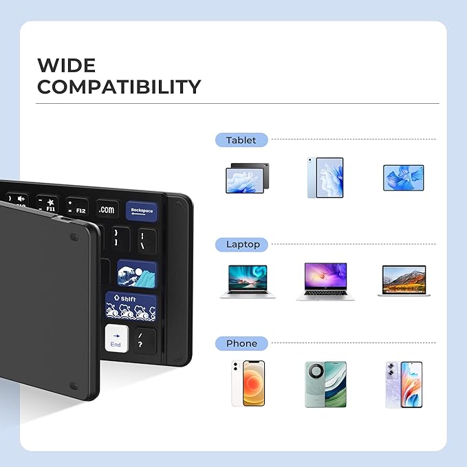 OHY XVX WK60 Foldable Bluetooth Keyboard for iPad, iPhone, MacBook, Android & Windows, Japanese Kanagawa Wave Art Design,Ultra-Portable Wireless Keyboard with Bluetooth 5.0 & 20H Battery - Black