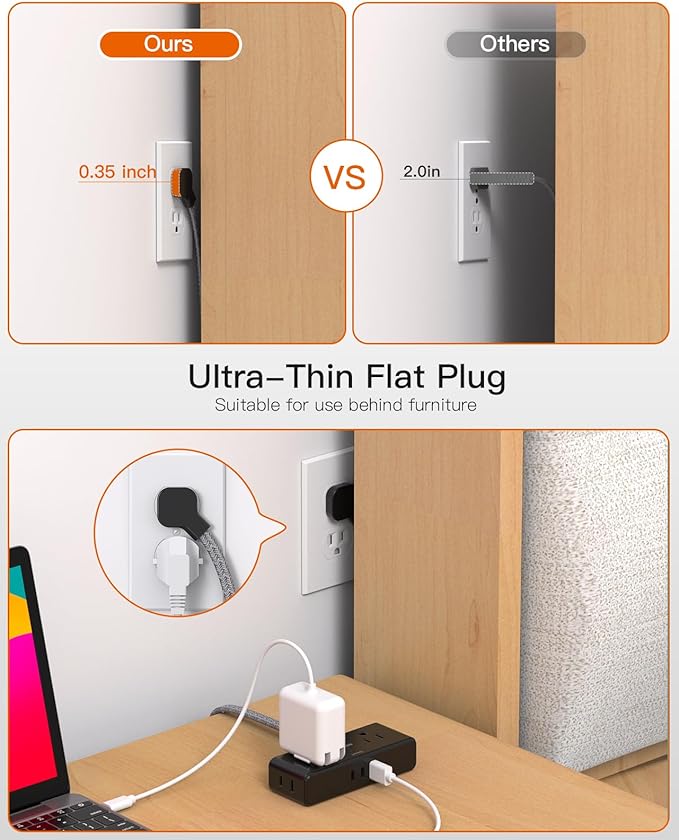 Flat Extension Cord 6 feet, BESHON Flat Plug Power Strip, 4 Widely Outlets with 3 USB Ports (2 USB C), Extension Cord with Multiple Outlets for Home, Office, Dorm Room Essentials, Black