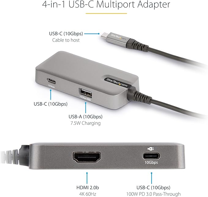 StarTech.com 4-in-1 USB C Hub with Extra Long Cable, 4K 60Hz HDMI, Alt-Mode, 100W Power Delivery, 10Gbps Fast Speed Type C Expansion Hub, Portable Mini Docking Station for MacBook - TAA