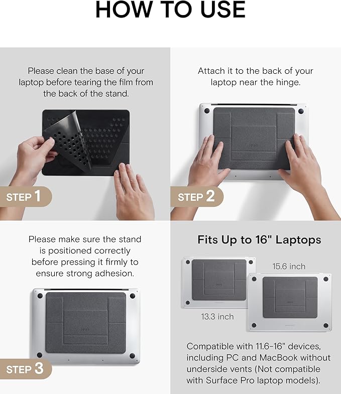 MOFT Laptop Stand for Desk, Adhesive MacBook Computer Stand with 2 Adjustable Viewing Angles, Foldable and Portable Laptop Riser Compatible with 11"-16" Laptops, Black(Adhesive Version)