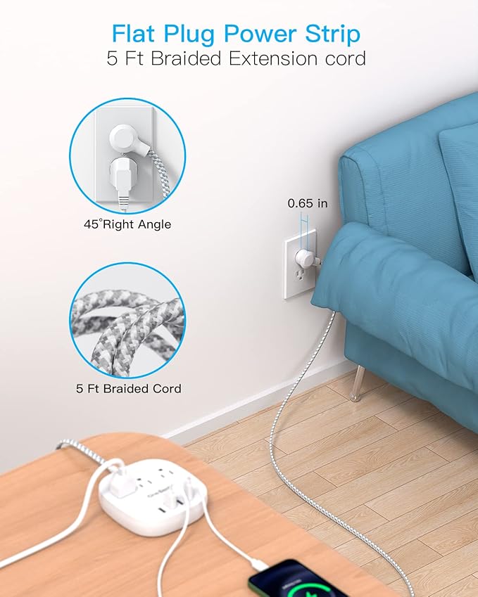 PD 20W USB C 3 Outlet 4 USB Ports Flat Plug Power Strip No Surge Protector for Cruise Ship Travel, 5 ft Long Extension Cords, Power Delivery, Desktop Power Strip for Dorm Home Office