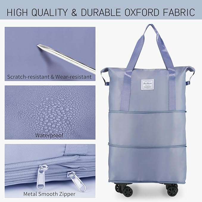 VOOWO Rolling Duffle Bag with Wheels, Expandable Foldable Duffle Bag for Travel, Rolling Under Seat Luggage Carry on Duffel Bags, Wheeled Travel Duffel Weekend Bags, Capacity 18L to 44L (Blue)