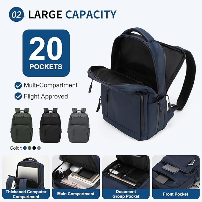 Waterproof Laptop Backpack for Men & Women, Flight Approved Anti-Theft Daypack with 15.6-inch Laptop Sleeve (Blue)
