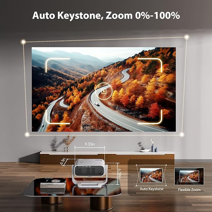 Smart Projector with WiFi 6 and Bluetooth Built-in Apps - 4K Support Portable Mini Projector Native 1080P , 2025 New Auto Keystone & Zoom Home Theater Cinema Movie Proyector, 120° Stand, Grey