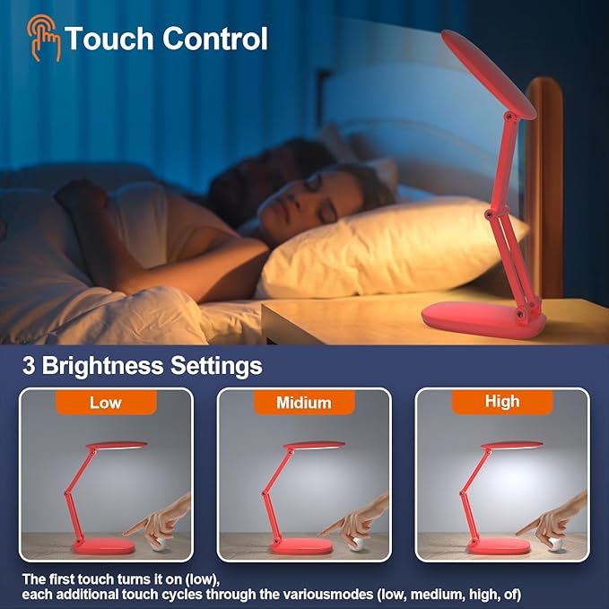 LED Desk Lamp for Office Home & Battery Operated Lamp Rechargeable Lamp Foldable & Portable Light, [2-Fold Bracket] 3 Brightness Dimmable Small Desk Lamp Wireless Reading Lamp (Red)