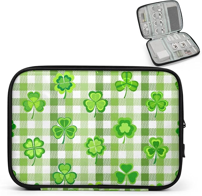 Clover Green Buffalo Plaid Electronics Travel Organizer Case, Tech Accessories Cable Storage Bag for Cords, Charger, Phone, Hard Drive