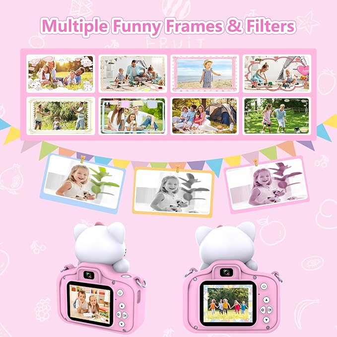 Kids Camera for Boys and Girls, 1080P Toddler Camera with 2" LCD Screen, 8X Digital Zoom, Cute Cat Silicon Case, Includes 16GB SD Card, Ideal Gift for Children Ages 3–12