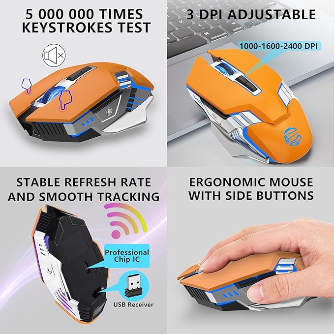 Bluetooth Wireless Gaming Mouse, 2400 DPI, RGB Backlit, Rechargeable Cordless Computer Mouse for Laptop PC Mac Macbook Air/Pro iPad Chromebook Office Gamer - Orange