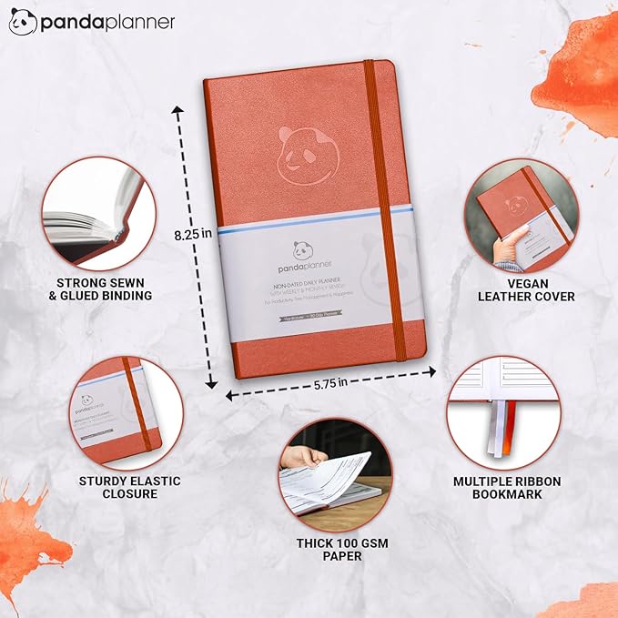 Panda Planner Classic A5 Daily Planner 2026 – Undated Quarterly Productivity Planner with Hourly Schedule, To Do List, Daily Journal, Goal Planner, Habit Tracker & Gratitude Organizer for Home/Office – Orange