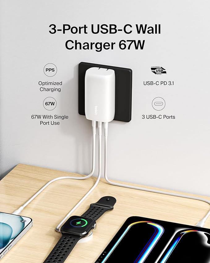 Belkin 3-Port USB C Charger Block 67W - PPS, USB-C PD3.1 Super Fast Charging Charger - Samsung Galaxy S25, Apple iPhone 17, Air, Pro, MacBook, AirPods, Apple Watch, Nintendo Switch 2 & More - White