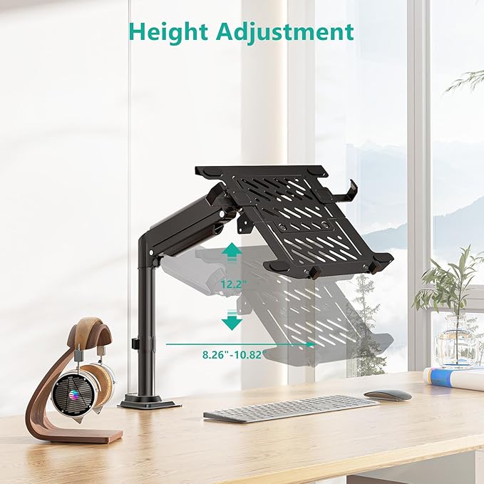 WALI Laptop Tray Desk Mount, Laptop Arm Mount Fits 10-15.6 Inch Notebook, 2-in-1 Gas Spring Monitor Arm for 17-32 Inch Computer Screen, Holds up to 22lbs(GSDM00LP), Black