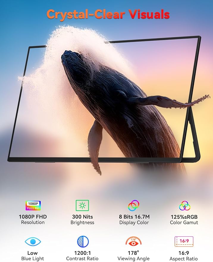 HotYeah Portable Monitor, 18.5" 1080P 100Hz 125% sRGB Laptop Monitor USB-C HDMI External Computer Display HDR FreeSync w/Kickstand & Speaker, 2nd Screen for Laptop PC Mac Phone Tablet Switch PS5 Xbox