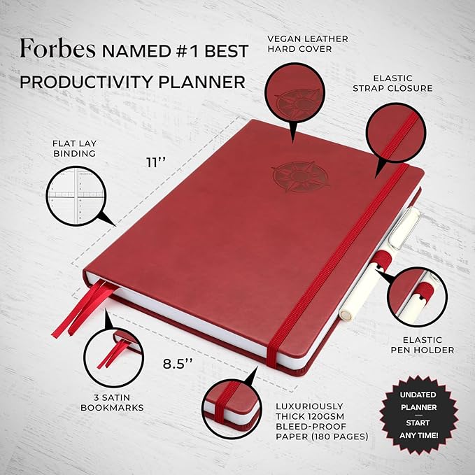 Smart Planner Pro – Undated Daily Planner – Large A4 – Achieve Goals & Increase Productivity with Weekly, Monthly, Work Sections - Organizer Diary with Back Pocket, 3 Satin Bookmarks & Pen Holder