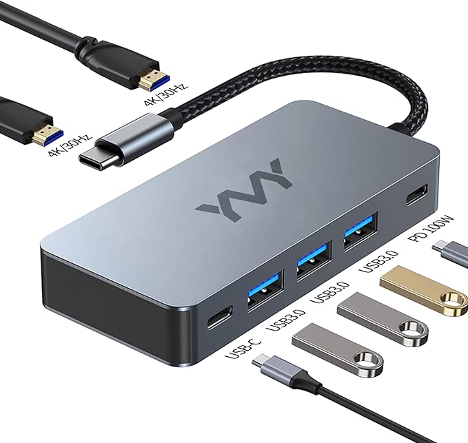 USB C to Dual HDMI Docking Station, USB C to Dual HDMI(4K@30Hz) Multiport Adapter, Type C Hub with 2 HD Monitors, 100W PD All in one for Dell HP MacBook Laptop (7 in 1 2HDMI+3USB3.0