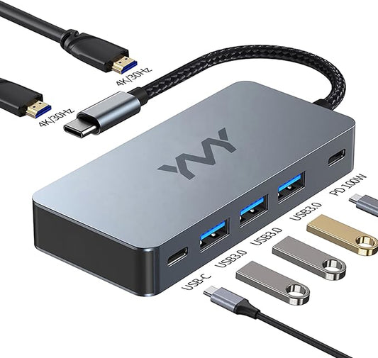 USB C to Dual HDMI Docking Station, USB C to Dual HDMI(4K@30Hz) Multiport Adapter, Type C Hub with 2 HD Monitors, 100W PD All in one for Dell HP MacBook Laptop (7 in 1 2HDMI+3USB3.0