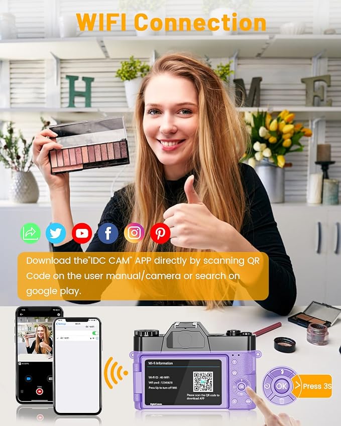 2024 Upgrade VJIANGER Digital Camera for Photography Vlogging Camera for YouTube with WiFi, 180° Flip Screen, 16X Digital Zoom, 52mm Lens, 2 Batteries, 32GB Micro SD Card(Purple)