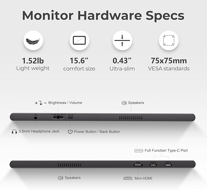 15.6" FHD 1080P Portable Monitor with Case, Ultra-Slim USB-C/HDMI Second Display for Laptop MacBook PC Phone Xbox PS5 Switch - IPS, Eye Care, Plug and Play