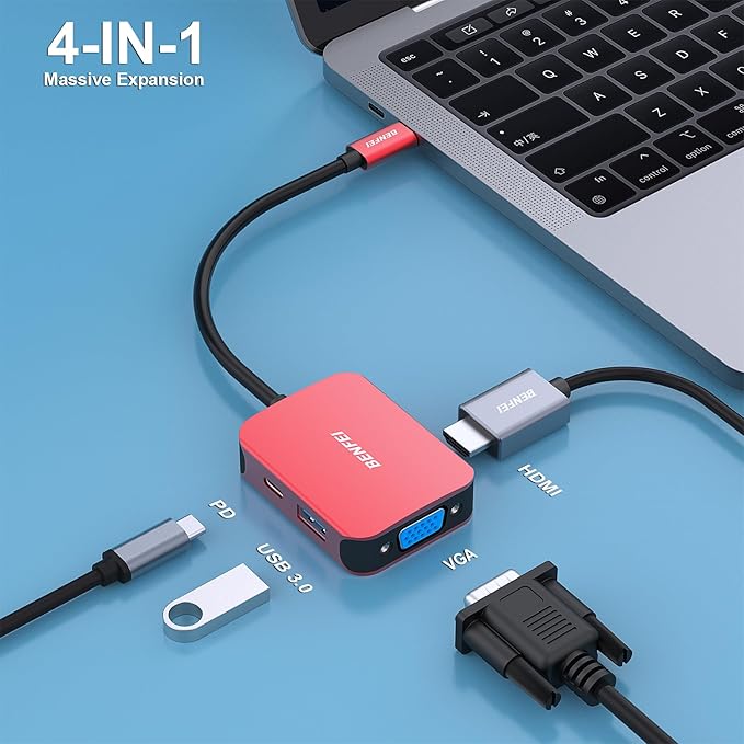 BENFEI USB C HUB 4-in-1, USB Type-C to HDMI VGA Adapter, USB C to USB Adapter, USB Type-C Power Delivery, Compatible with iPhone 15 Pro/Max, MacBook Pro/Air 2023, iPad Pro, iMac, S23, XPS 17
