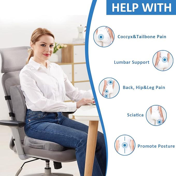 SAIREIDER Lumbar Support Pillow and Office Chair Cushion, Memory Foam Car Seat Cushions Back Support Pillows, Reduce Pressure On Tailbone and Sciatic Nerve, Relieve Pain of Back and Lumbar(Grey)