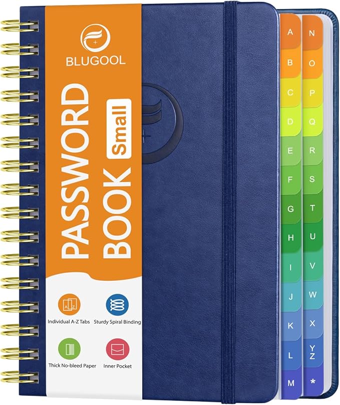 Small Password Book with Alphabetical Tabs, Password Keeper Book for Seniors, Individual & Colorful Tabs, Spiral Hardcover Password Notebook Small for Website Logins, 4.7" x 5.8", NavyBlue