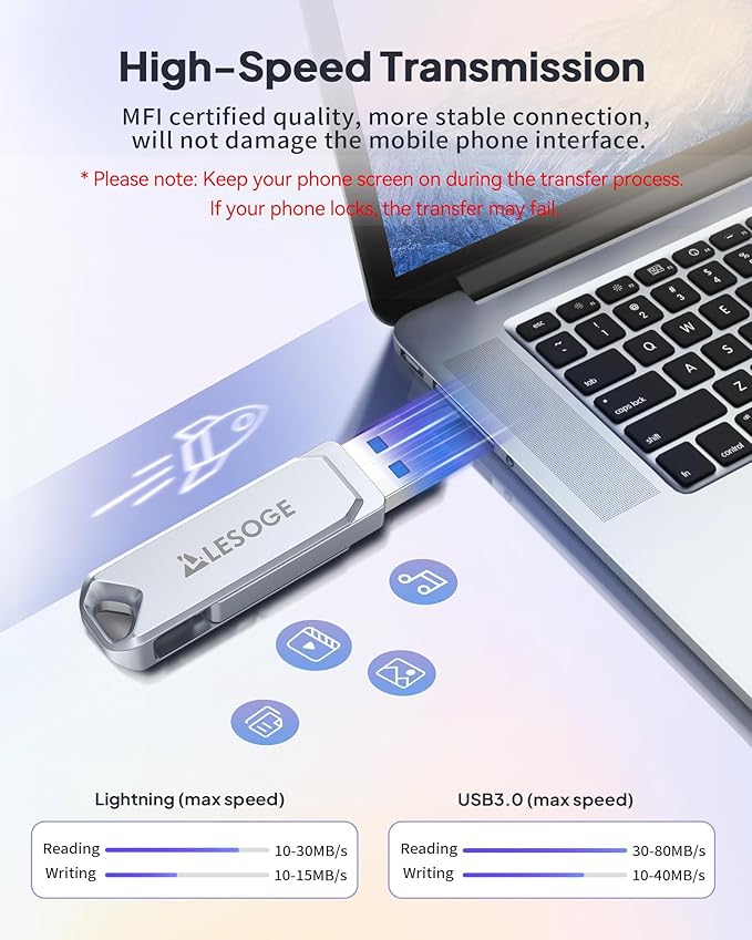 MFi Certified 128GB Flash Drive for iPhone Photo Stick USB Memory Stick Thumb Drives, High Speed USB Stick External Storage for iPhone/iPad/Android/PC