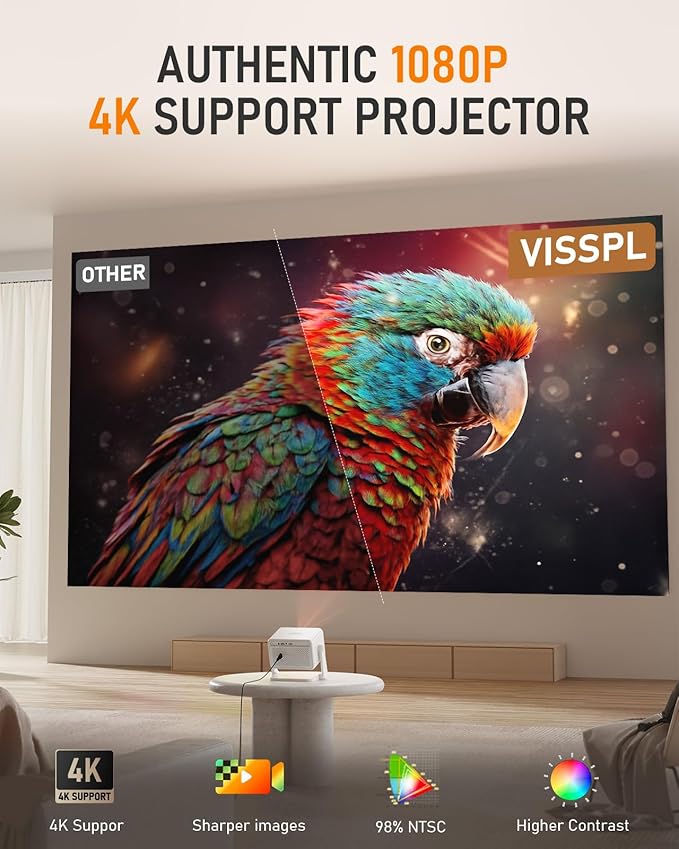 【Netflix Licensed & Auto focus Projector】VISSPL Smart Projector with WiFi and Bluetooth, Auto Focus & Keystone Protable Mini Projector with Stand, 4K Netflix Home Theater Projector