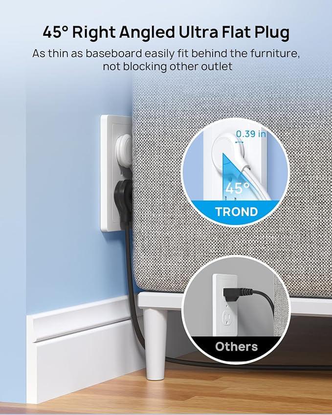 TROND Flat Plug Power Strip, 6 Widely Spaced Outlets and 3 USB Ports, Extension Cord 5ft, Wall Mountable, 1440J Surge Protector for Home Office Travel, White