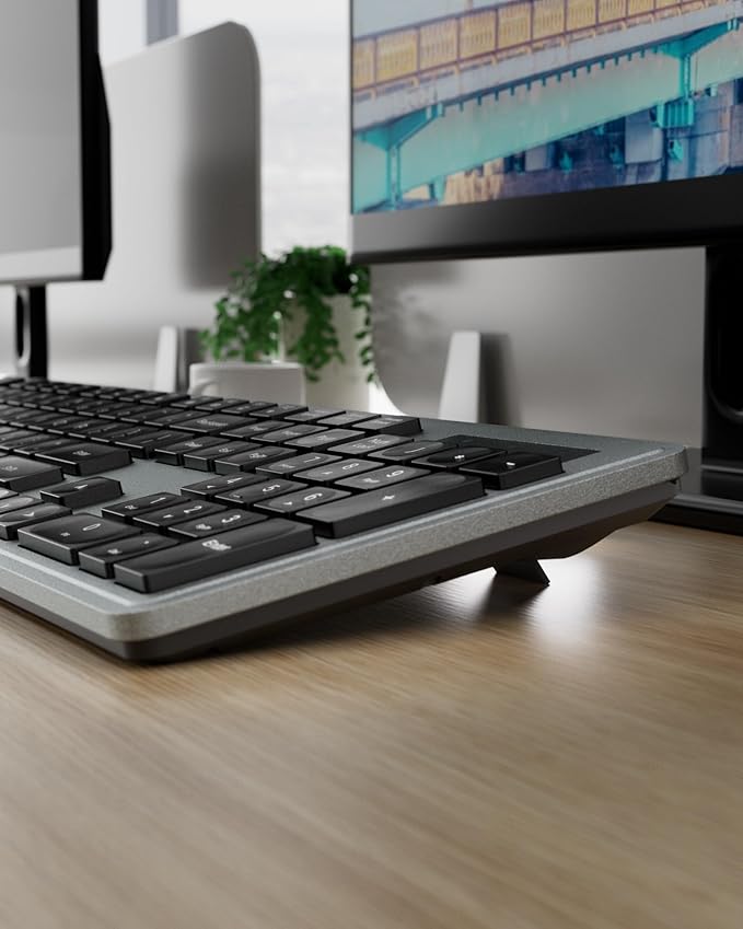 Wireless Keyboard Mouse Combo - 2.4Ghz Office Quiet Keyboard and Mouse Wireless - 104 Keys Full Size Ergonomic Keyboard for Laptop, Computer, PC, Notebook (Full Size Grey Black)