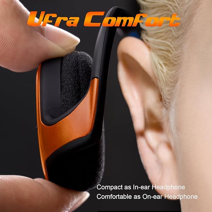 Small Bluetooth Headphones Wrap Around Head - Sports Wireless Headset with Built in Microphone and Crystal-Clear Sound, Foldable and Carried in The Purse, and 12-Hour Battery Life (Orange)