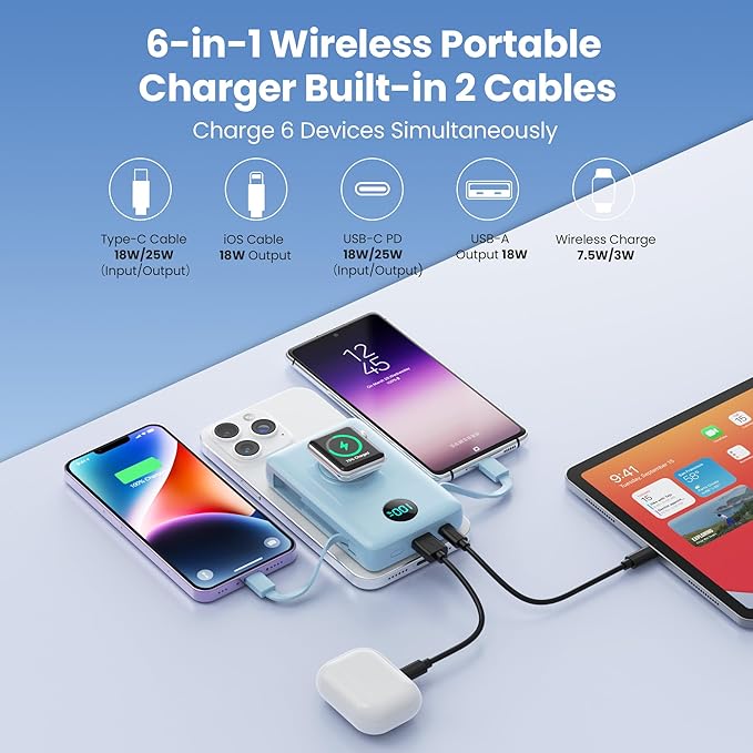 Magnetic Portable Charger 10800mAh for iPhone with Built-in Cables, 6-in-1 Wireless Power Bank with iWatch Charger, 25W PD Fast Charging USB C Battery Pack for iPhone 16/15/14/13,Apple Watch(Sky Blue)
