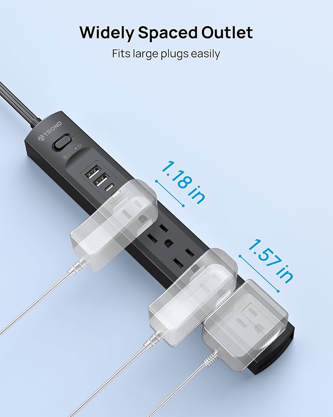 TROND 360° Rotating Plug Surge Protector Power Strip, Flat Plug Power Strip with 2 USB C and 2 USB A, 1440J Surge Protector, Wall Mountable, Flat Extension Cord 10ft for Home Office Dorm, Black