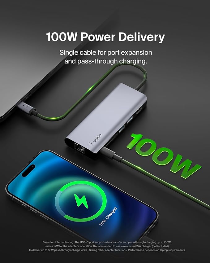 Belkin USB C Hub, 6-in-1 MultiPort Adapter Dock with 4K HDMI, USB-C 100W PD Pass-Through Charging, 2 x USB A, Gigabit Ethernet Ports and SD Slot for MacBook Pro, Air, iPad Pro, XPS and More