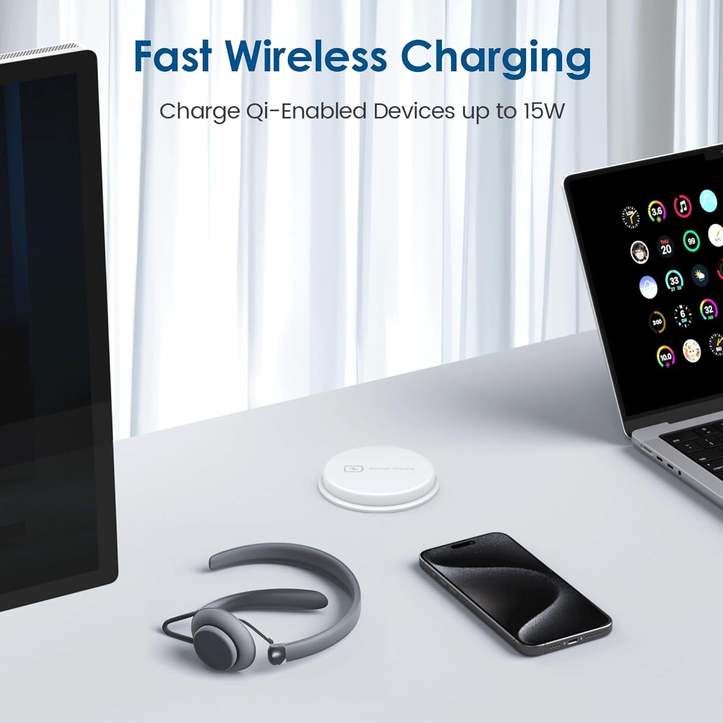 Recessed Power Grommet 3-inch Hole, 15W Wireless Charger, 20W USB C Fast Charging Station,2 AC Plug, Flush Mount Countertop Outlet, Workspace Essential Desk Hole Cover for Cables White