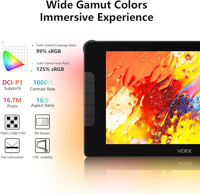 VEIKK Studio 16 Drawing Tablet with Screen, 15.6 Inch Pen Display Full-Laminated Anti-Glare Glass (125% sRGB)，16384 Pressure Battery-Free Pen (2 Pcs), 5 Shortcut Keys and Quick Dial, Adjustable Stand